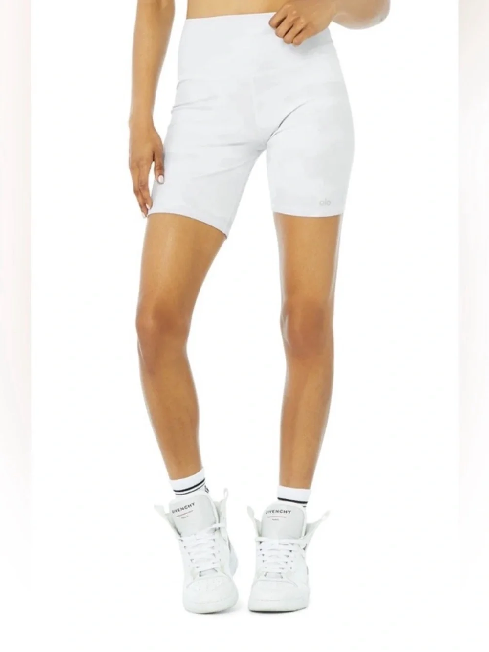 Alo Yoga White camo Vapor biker shorts